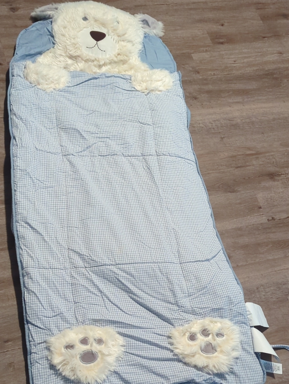 Pottery Barn Kids Blue Gingham Bear Sleeping Bag with Cream Plush Hood